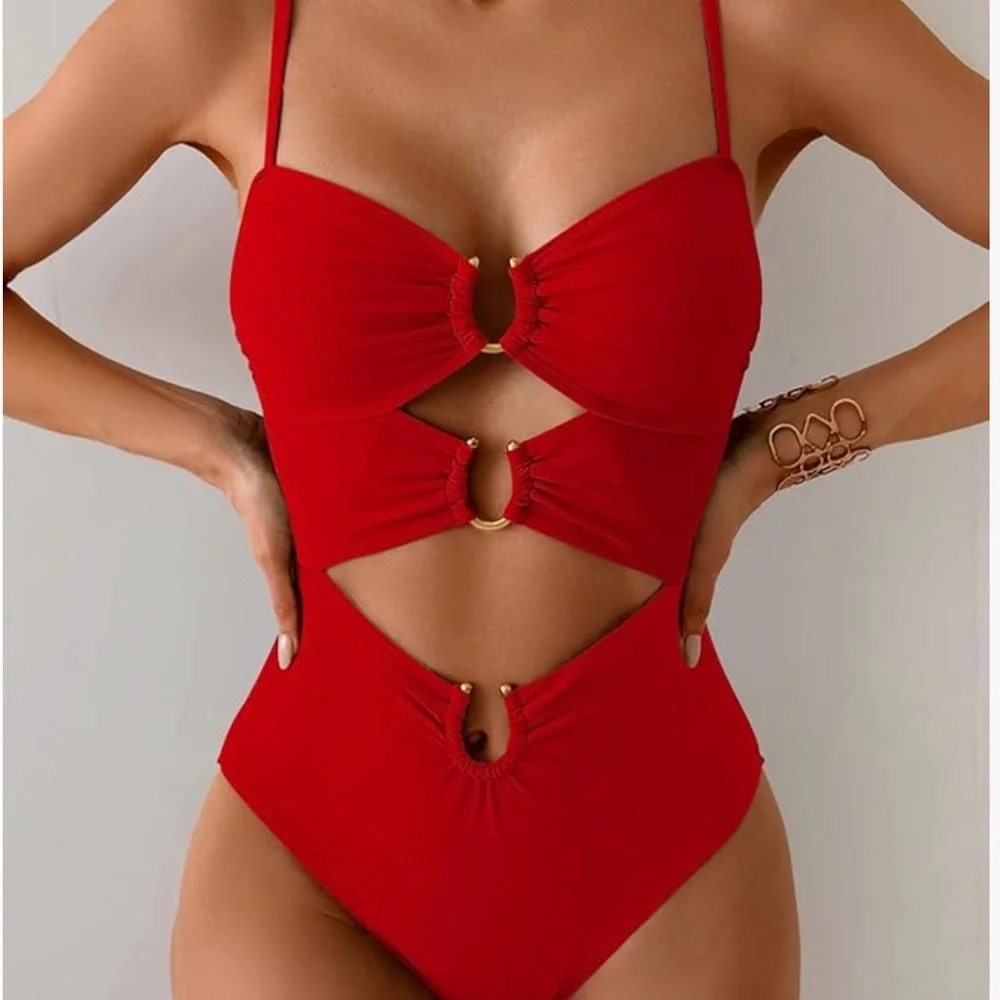 Stylish Red Cut-Out Women's One Piece Swimsuit